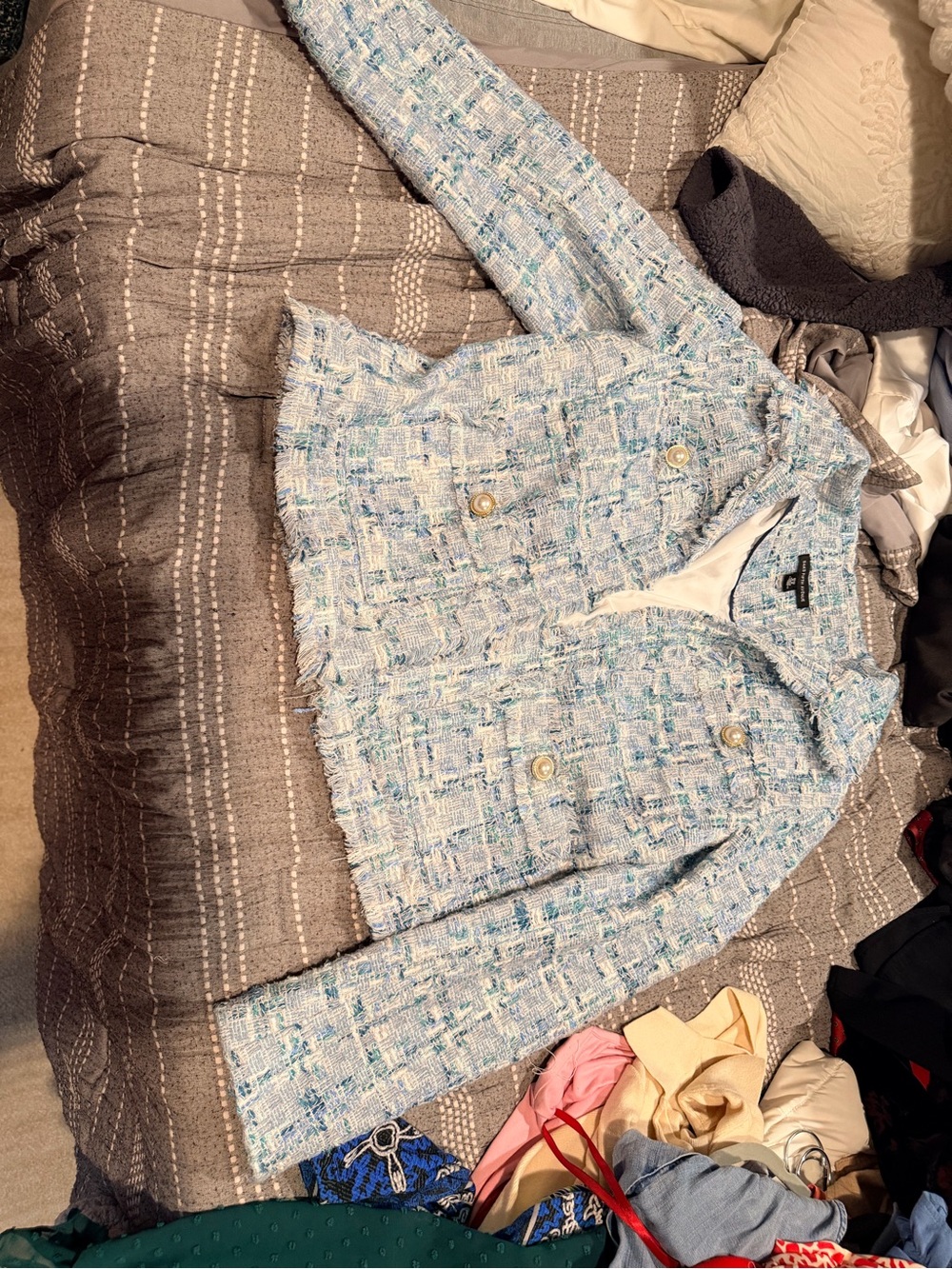 Saks Fifth Avenue Light Blue Tweed Jacket with White and Green Accents